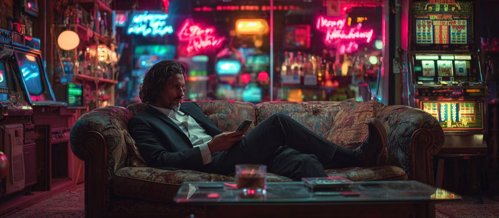 Download the 6033BET app and play anywhere Elegant man in suit relaxing with smartphone inside neon-lit casino lounge at 6033BET