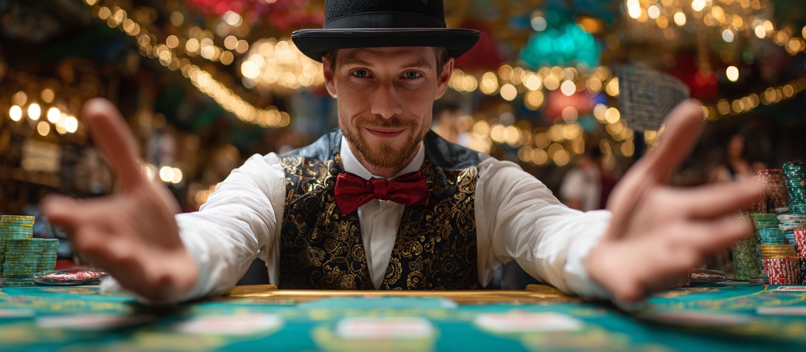 Enter 6033BET casino and start your winning journey Charismatic croupier in bow tie welcoming players at 6033BET casino table with stacks of chips