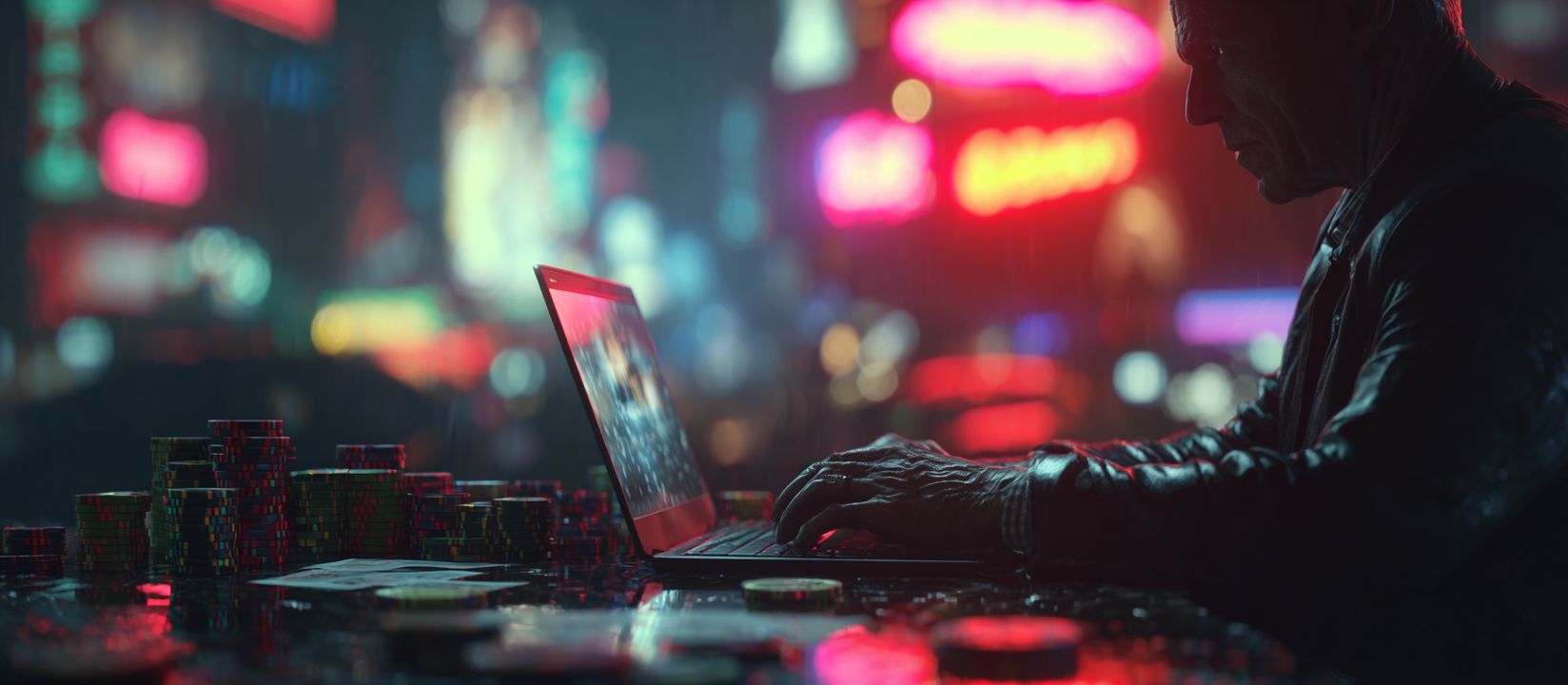 Discover thrilling casino games at 6033BET Focused man playing online casino games on laptop surrounded by colorful chips at 6033BET