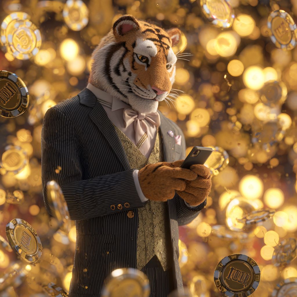 Download 6033BET app and start winning today Tiger mascot in elegant suit using mobile phone surrounded by golden casino chips at 6033BET