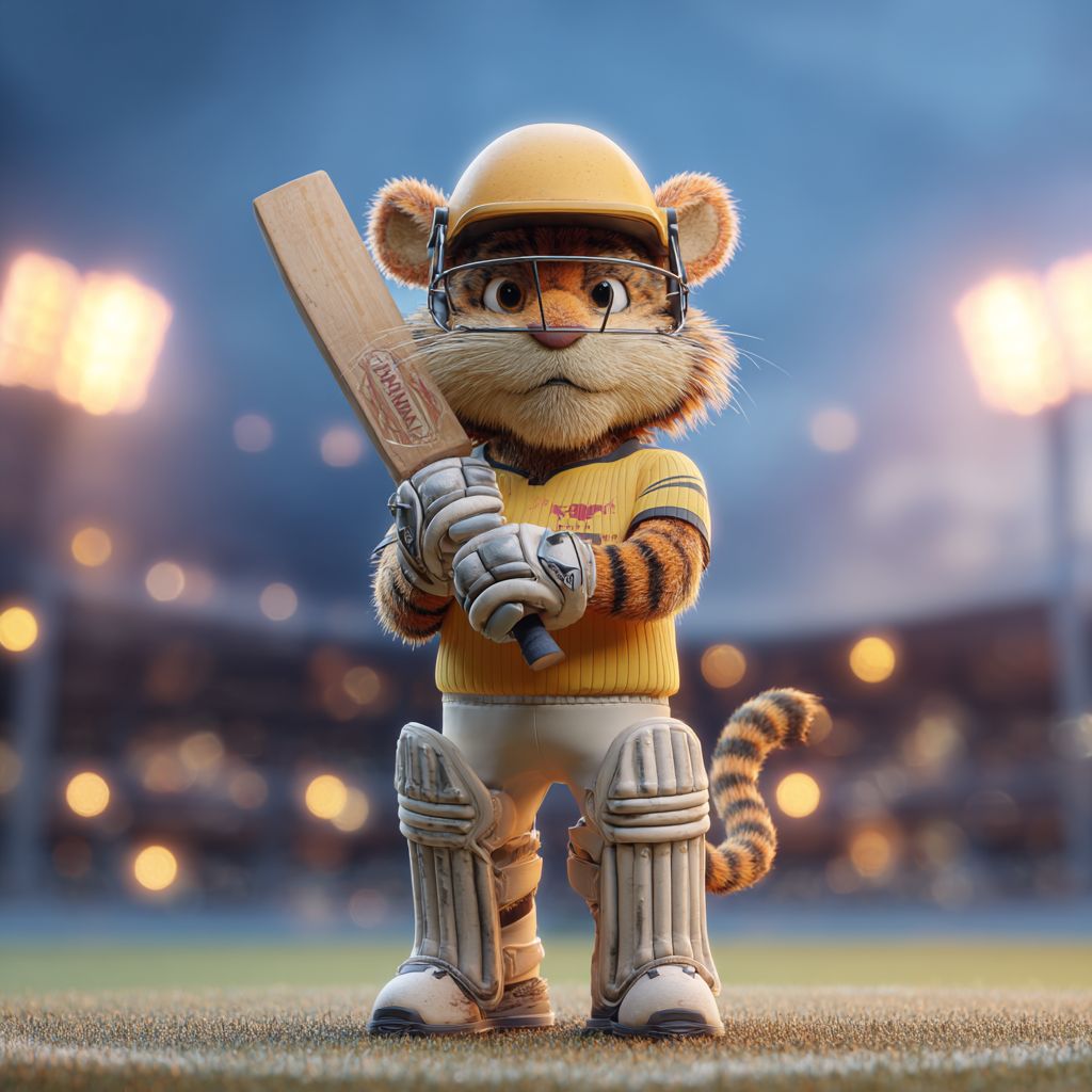 Bet on cricket matches with 6033BET and win big Cute tiger mascot dressed as cricket player holding bat in stadium lights at 6033BET