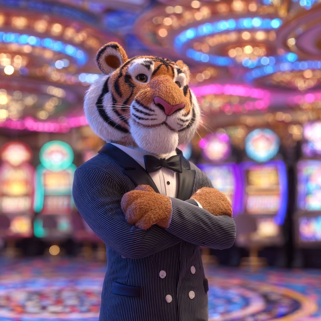 Enter 6033BET casino and experience premium gaming Tiger mascot in tuxedo standing proudly inside glamorous 6033BET casino with slot machines