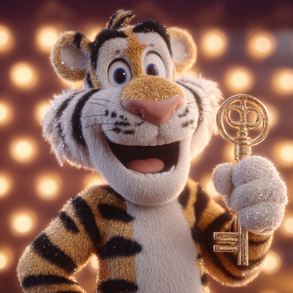 Happy tiger mascot holding golden key with sparkling lights at 6033BET