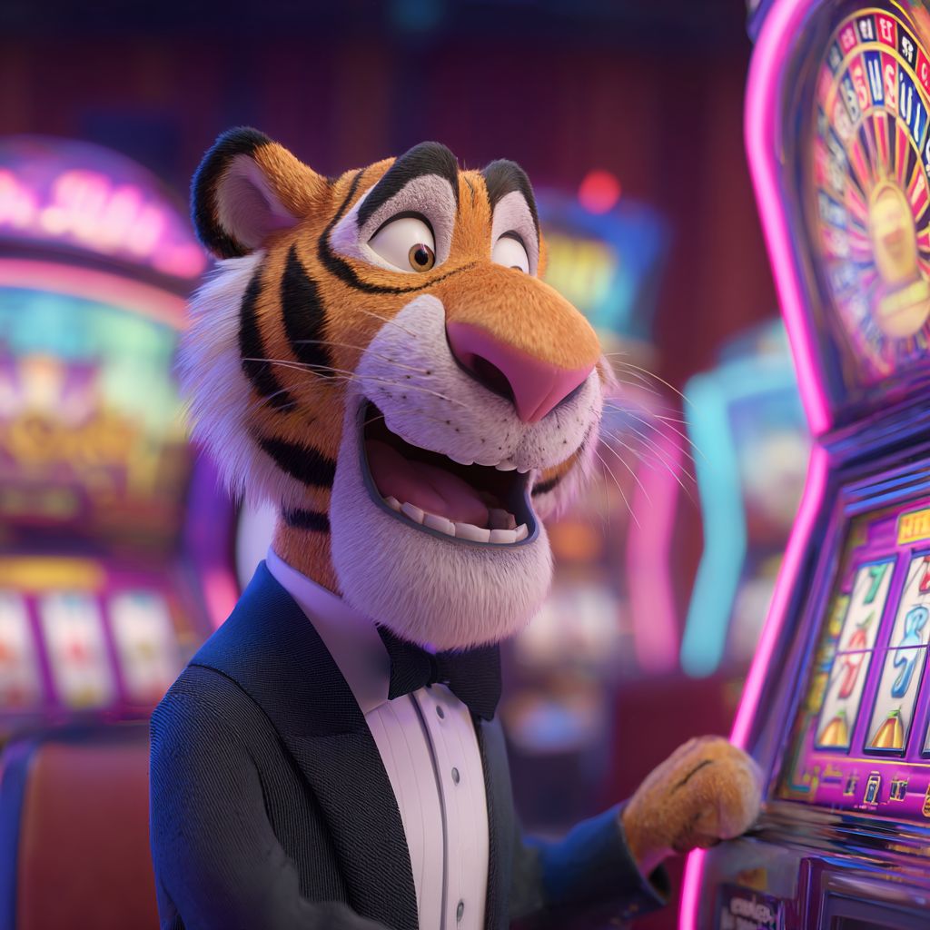 Tiger mascot in tuxedo enjoying slot machine wins at 6033BET