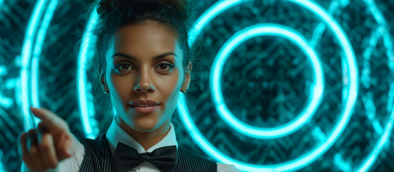 Confident woman in bow tie pointing forward with neon lights in background at 6033BET