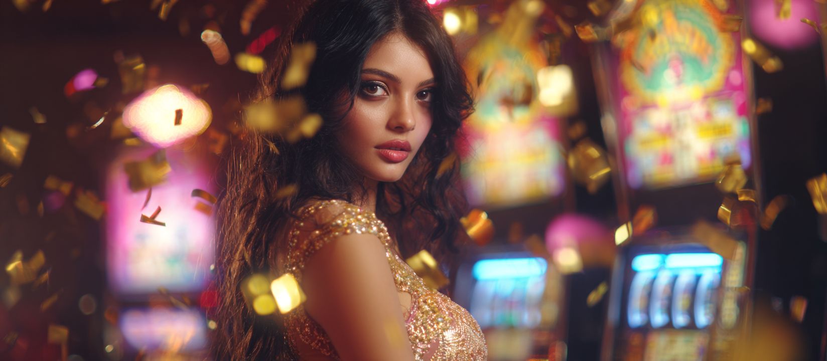 Beautiful woman in golden dress with confetti celebrating slot wins at 6033BET