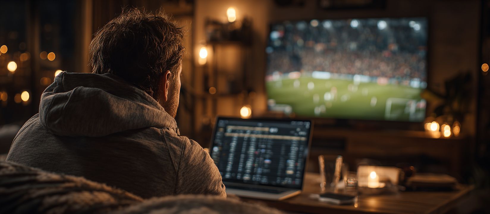Bet on your favorite sports with 6033BET Man watching live football match while betting online at 6033BET sportsbook